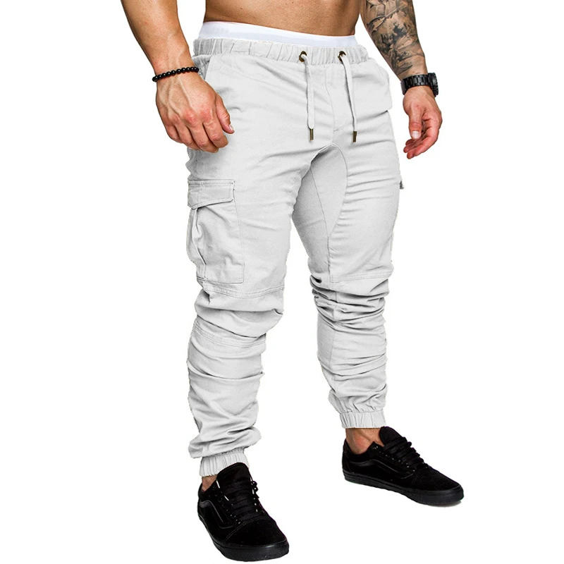 Брендовые мужские штаны в стиле хип-хоп, шаровары для бега, мужские брюки, мужские штаны для бега, одноцветные штаны с несколькими карманами, штаны с эластичной резинкой на талии - Цвет: White