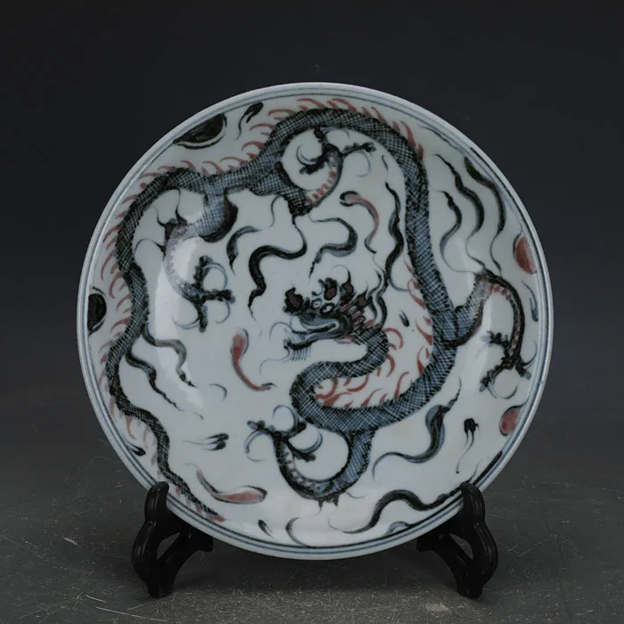 12" China old antique Porcelain Qing Blue & white seawater Dragon Plate 