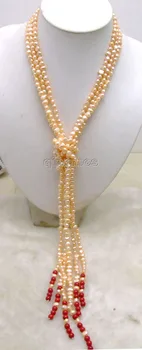 

SALE 6-7mm Natural Pink Baroque natural Pearl and red coral 3 Strands Long 45" Necklace -nec5806 Wholesale/retail Free shipping