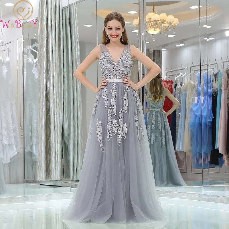 

Silver Evening Dress Appliques Lace Tulle A-line 2019 New Design V-neck Sexy Sleeveless Floor Length Simple Customized Prom Gown
