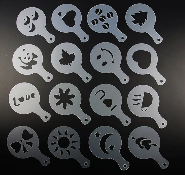 Free shipping 16Pcs/set Fashion Cappuccino Coffee Barista Stencils Template Strew Pad Duster Spray Tools AF019