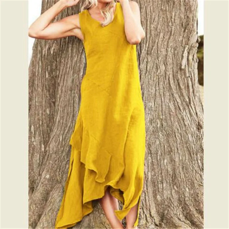 

Womens Printed Sleeveless Dress Crew Neck Maxi Plus Size Dress Split Hem Baggy Solid Color Long Dresses Beach Holiday Sundress