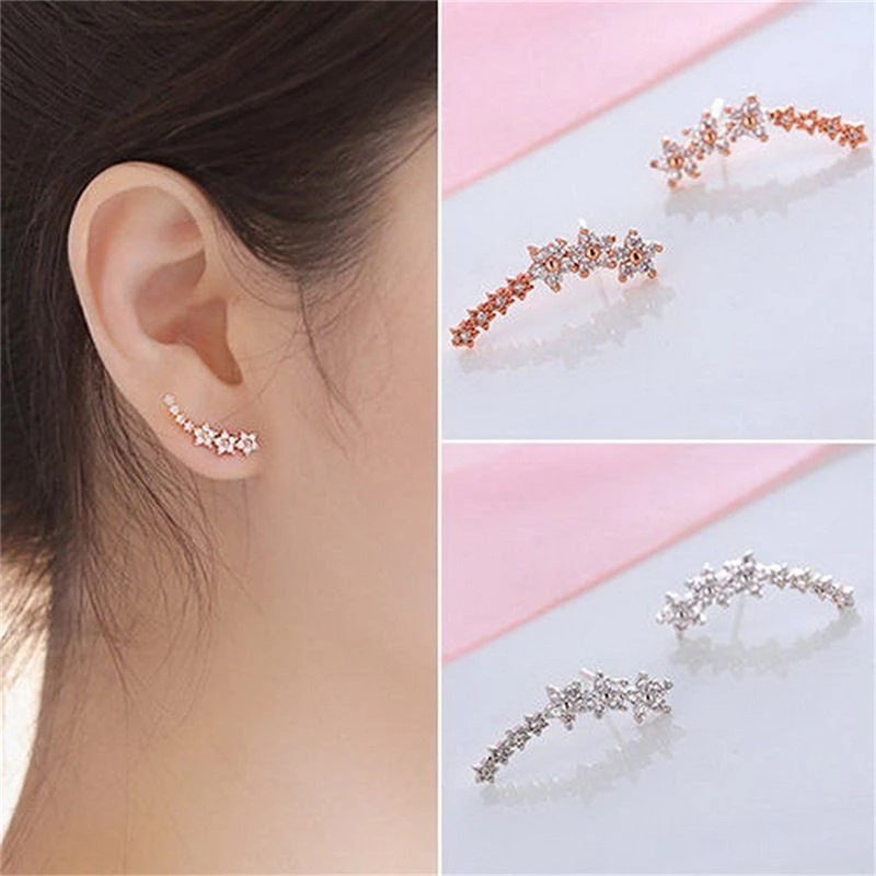 

Popular Bling Bling Korea Ear Crawler Rhinestones Star Stud Earrings For Women Lady Gift