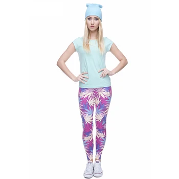 

Weed Pink Leaves Print Women Leggings Fitness Breathable Perspiration Quick Drying Leggins High Elasticity Trouser Pants