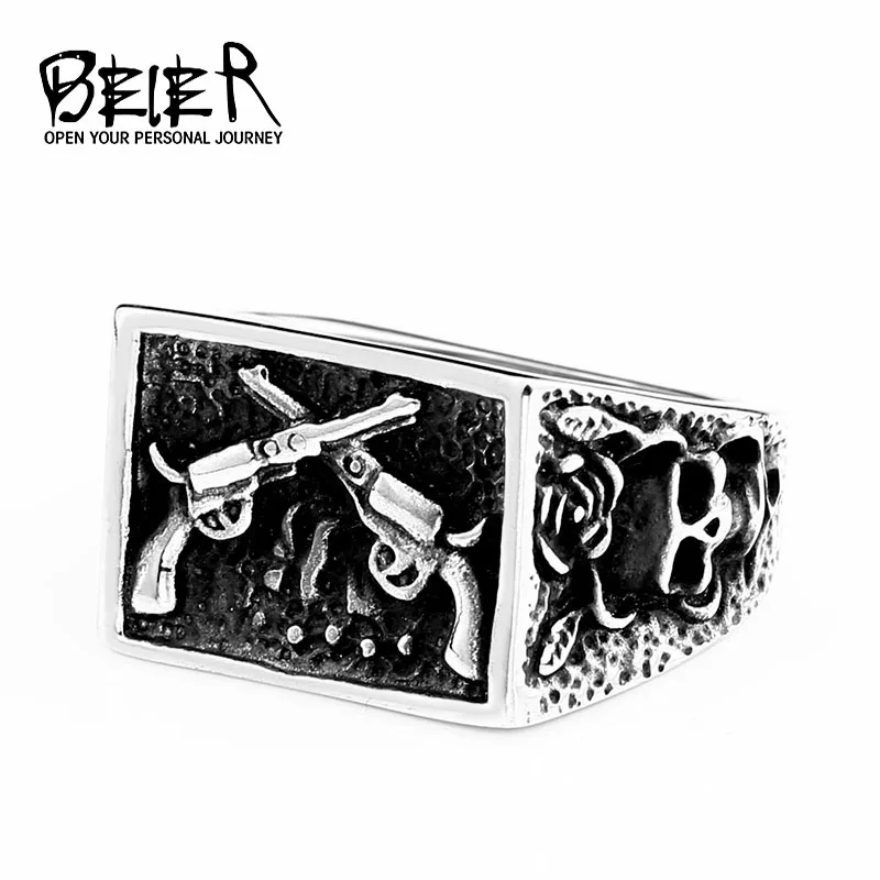 

BEIER Rock double guns design ring funny stainless steel men roar power and hot sale for Asia jewelry as boy friend gift BR8-635