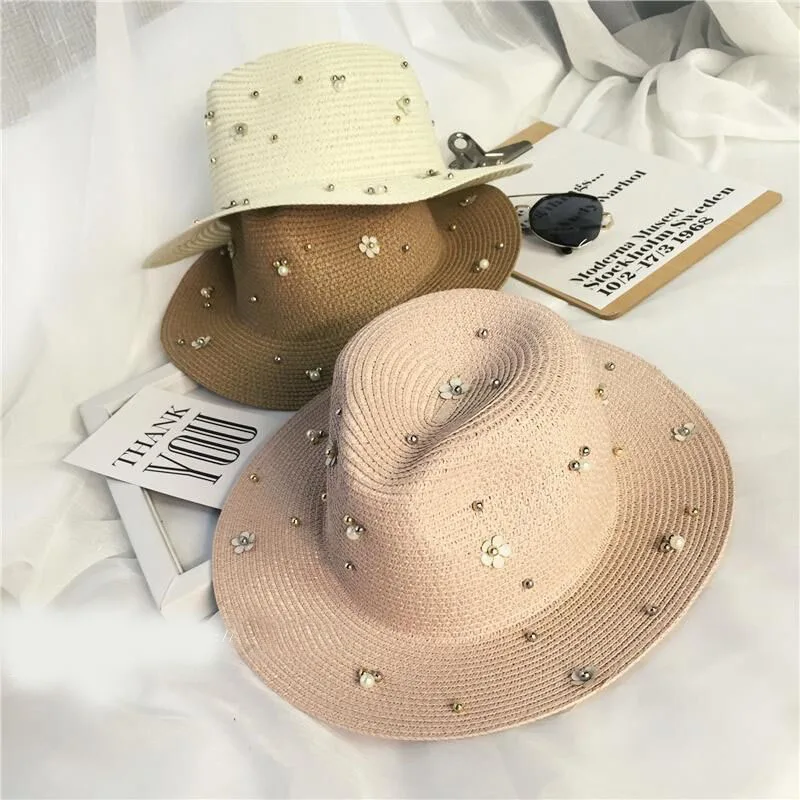 Новая мода заклепки блестки жемчужные украшения солнечные шляпы для женщин летние шапки соломенная шляпа 6 цветов