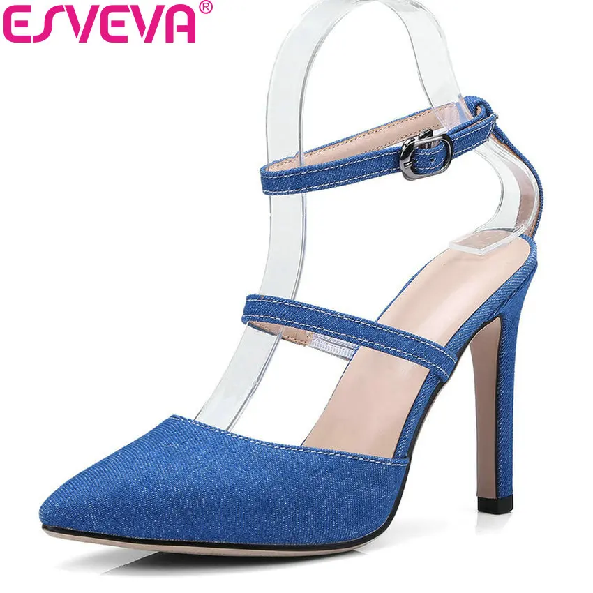 

ESVEVA 2018 Women Sandals Three Kind Vamp PU Pointed Toe Summer Denim Shoes Sandals Thin High Heels Shoes for Woman Size 34-43