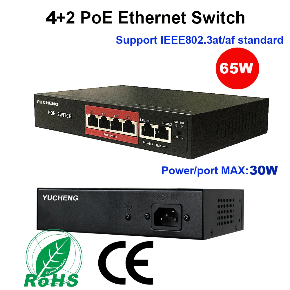 4 + 2 Порты 48 V инжектор Мощность Over Ethernet Switch для IP камеры 1236 источника питания 4ch PoE swich IEEE802.3af/at