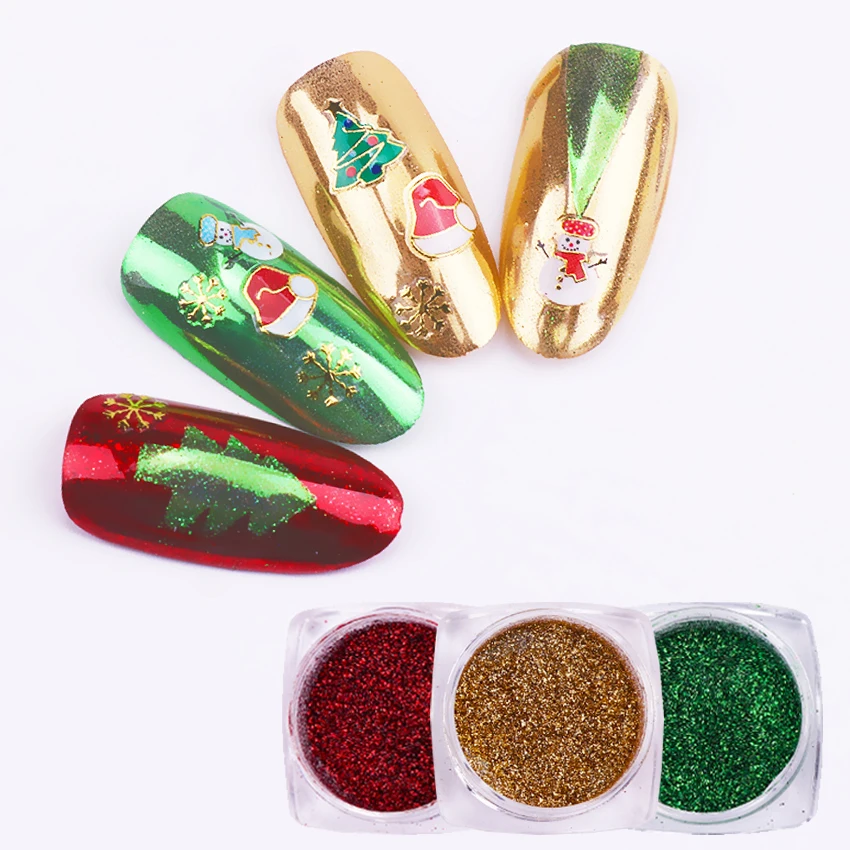 

Born Queen 3 Boxes Christmas Nail Powder Glitters Gold Green Red Mirror Chrome Pigments Powder Manicure Nail Art Decoration