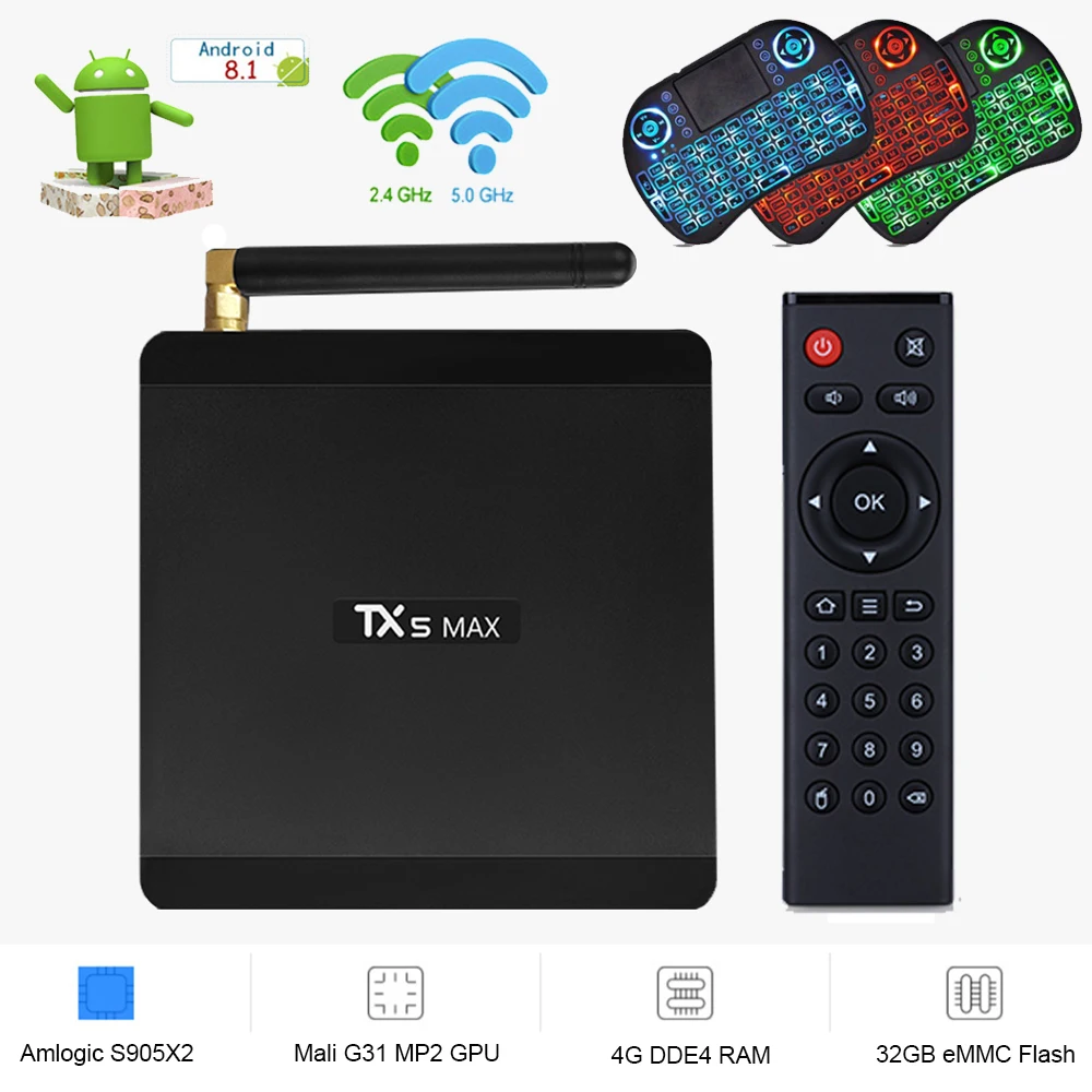 

TX5 MAX 4GB DDR4 32GB ROM Smart TV BOX Android 8.1 Amlogic S905X2 4K Media Player Quad Core 1000M 2.4G&5G Dual Wifi Set top box