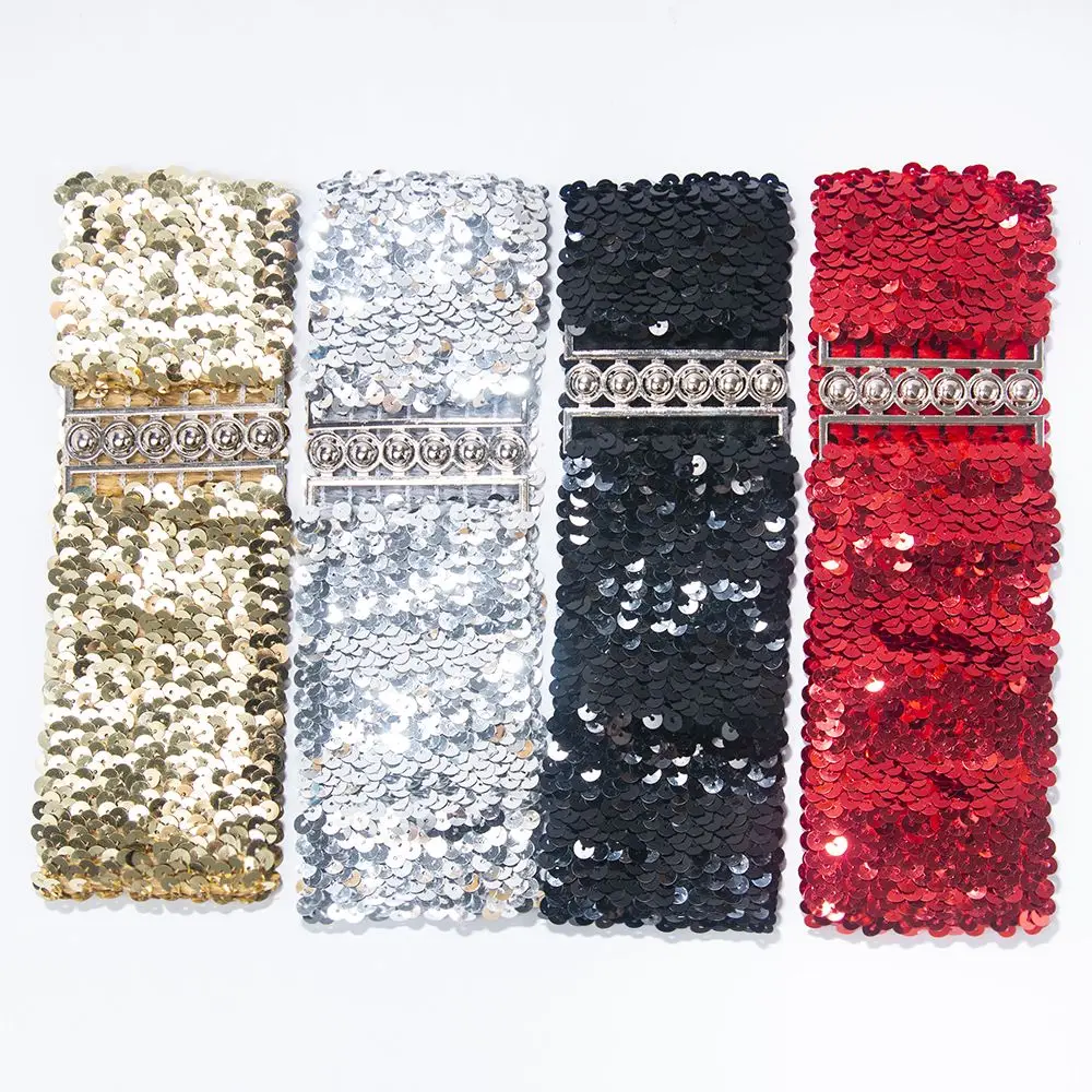 Fashion Sequin Elastic Women Waist Belt Metal Buckle Wide Belt Solid Color Shiny Casual Waistband Corset Strap Dress Decor belts for dresses