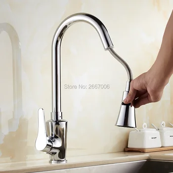 

Free shipping High Polished Pull Out Down Kitchen Faucet Tap Hot Cold Mixer Chrome Silver Color ceramic cartridge faucet ZR611