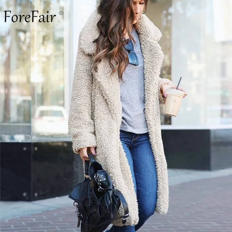 Forefair Winter Oversize Faux Fur Coat Women Manteau Plus Size Wide Lapel Warm Shaggy Teddy Bear Black Long Coat Women