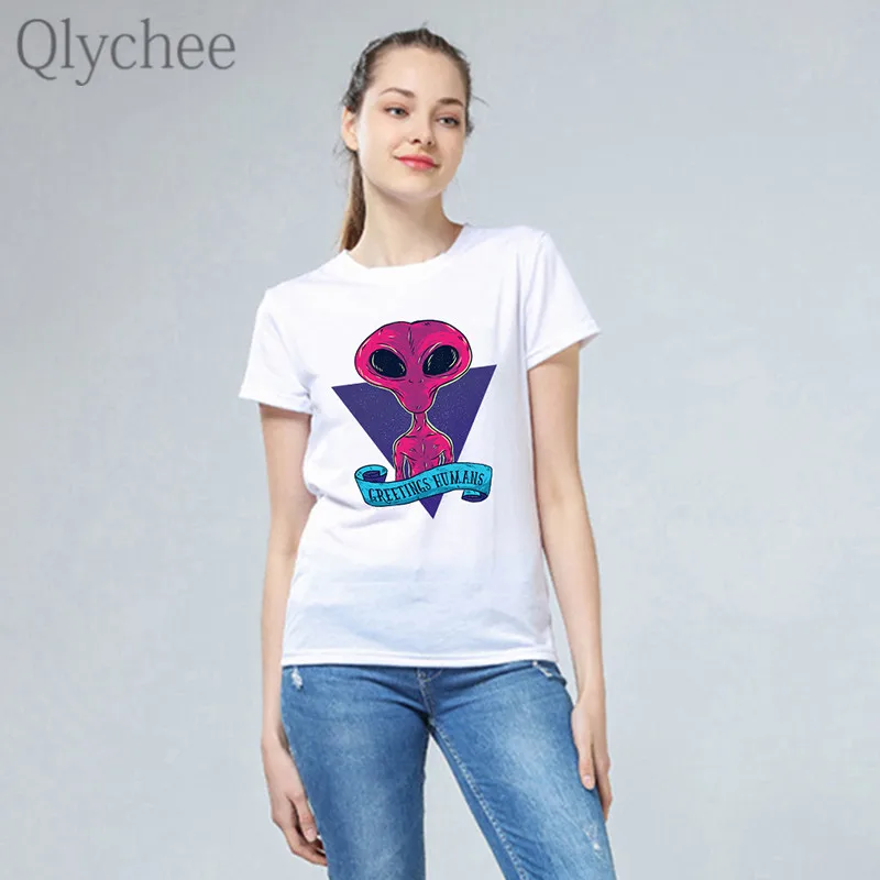 Женские футболки с принтом Qlychee пришелец Харадзюку круглым вырезом и коротким