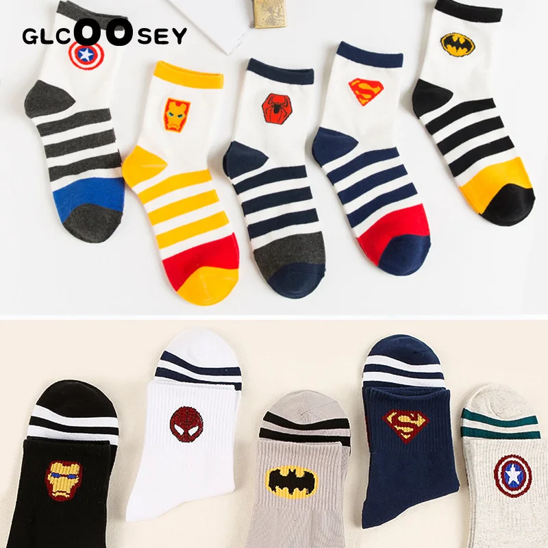 5 Pairs/Pack Thor Men socks Marvel Comic Heros Anime pattern Ironman Captain America Hulk Hawkeye Man compression cotton Socks