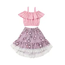 Новая одежда для маленьких девочек жилет без рукавов Топы+ кружевные юбки с цветочным принтом, летняя одежда