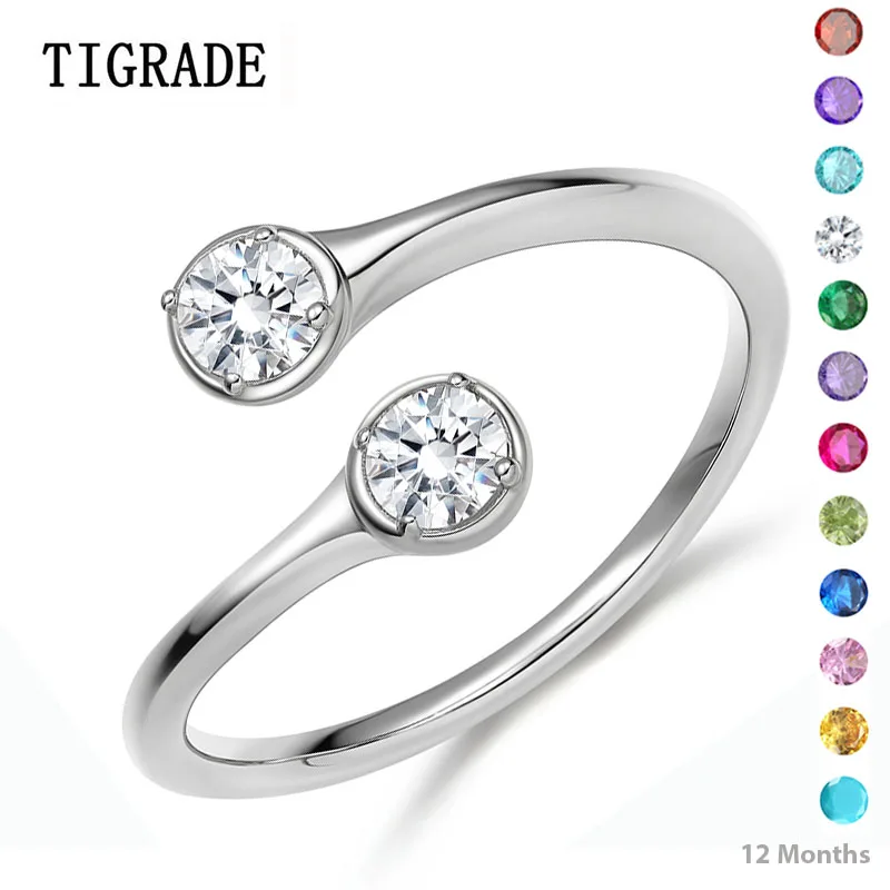 

TIGRADE Wrap Resizable 925 Sterling Silver Ring Women Cubic Zirconia 12 Months Birthstone Ring Wedding Engagement Band bague