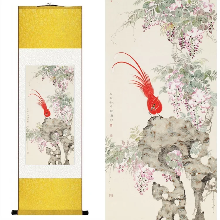 

Traditional Chinese Silk watercolor flower and birds ink Wisteria art print canvas wall picture damask framed scroll painting