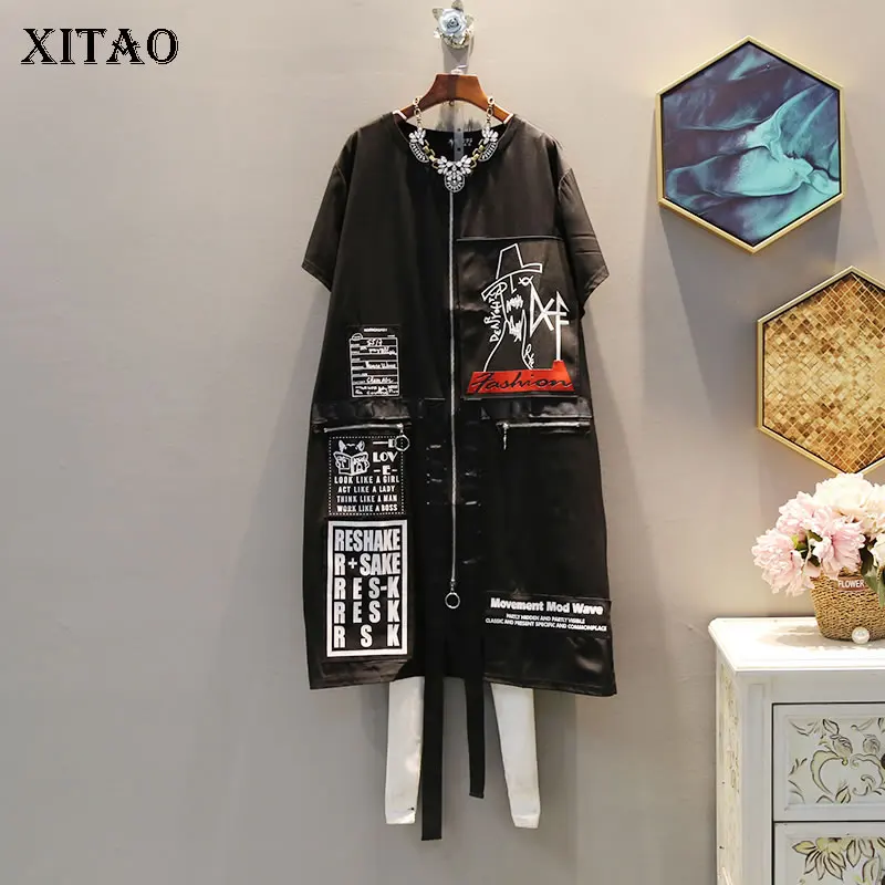 

XITAO Tide Print Letter Plus Size Dress Suquined Elegant Women Irregular Pocket Korean Fashion Pullover Match All Summer DLL3176