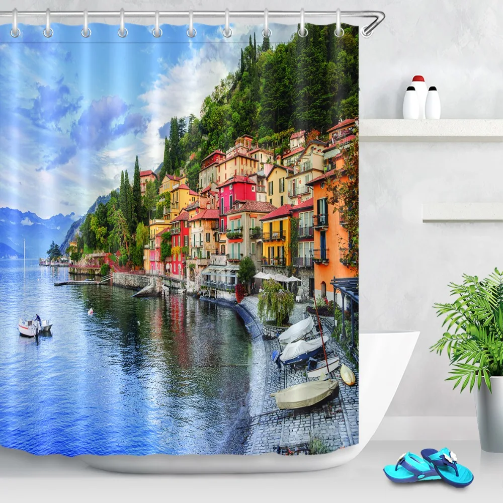 72" Italy Flower House Scenery Bathroom Polyester Fabric Shower Curtain 12Hooks 