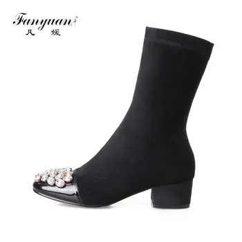 

Fanyuan Fashion Genuine Leather Mid-Calf boots Square Toe Work Boots Black Crystal decoration Zipper Riding boots women shoes