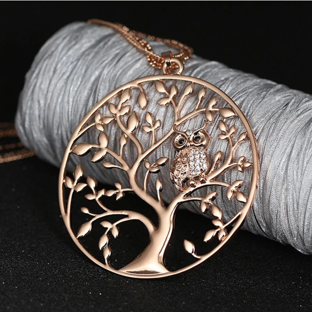 

Vintage Small Owl Pendant Necklace Tree of Life Women Rose Gold Silver Color Chain Crystal Long Necklaces & Pendants Jewelry