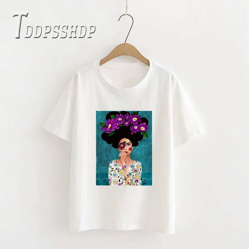 

Purple Flower on Hair Women T Shirt 2019 New Art Painting Ladies White TShirt Tops Kawaii Tshirt Camisetas Mujer