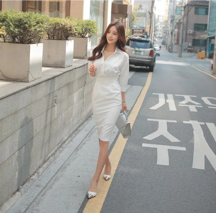 

Hot Sale 2019 Fashion Women Dress Elegant Stripe Half Sleeve Slim Office Dress New Summer Formal Work Dress