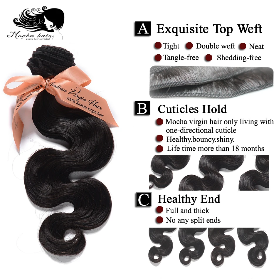 Mocha Hair Body Wave Indian Virgin Hair extension 12inch-26inch Nature Color 100% Human Hair Weaves