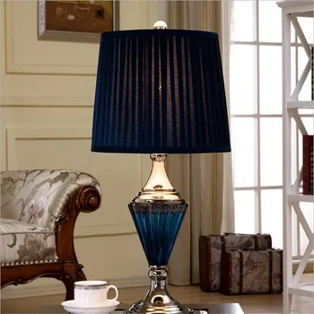 

Vintage Mediterrean Sea Deep Blue Crystal Glass Fabric Led E27 Table Lamp for Wedding Decor Bedroom Bedside Living Room 1352