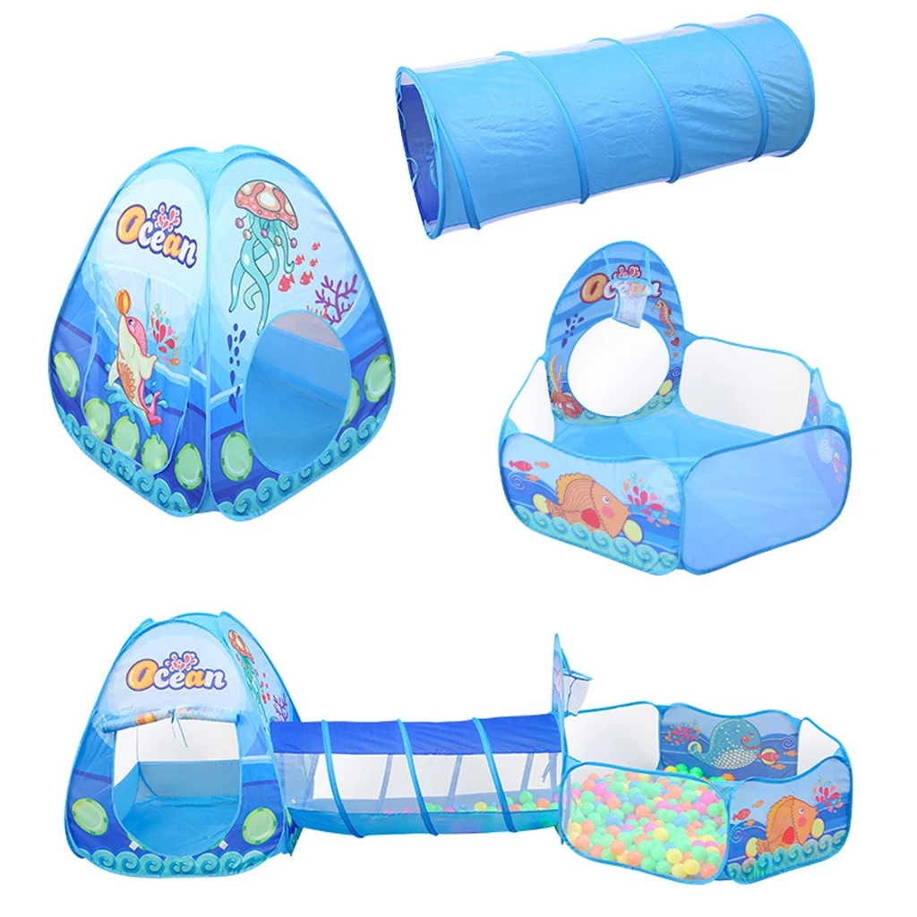 Kids 3-in-1 Blue Sea Themed Playhouse Tunnel Ball Pool Play Tent Toy for Park Garden Home Picnic Outdoor Toy