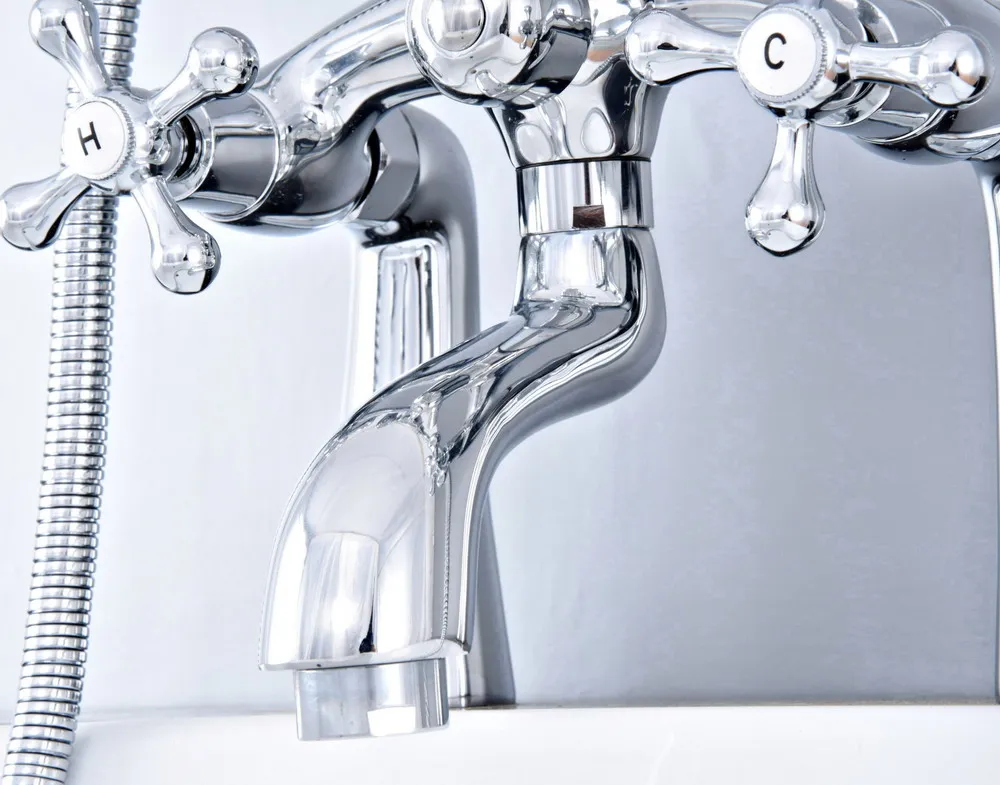 Polished Chrome Deck Mounted Bathroom Tub Faucet Dual Handles Telephone Style Hand Shower Clawfoot Tub Filler atf754