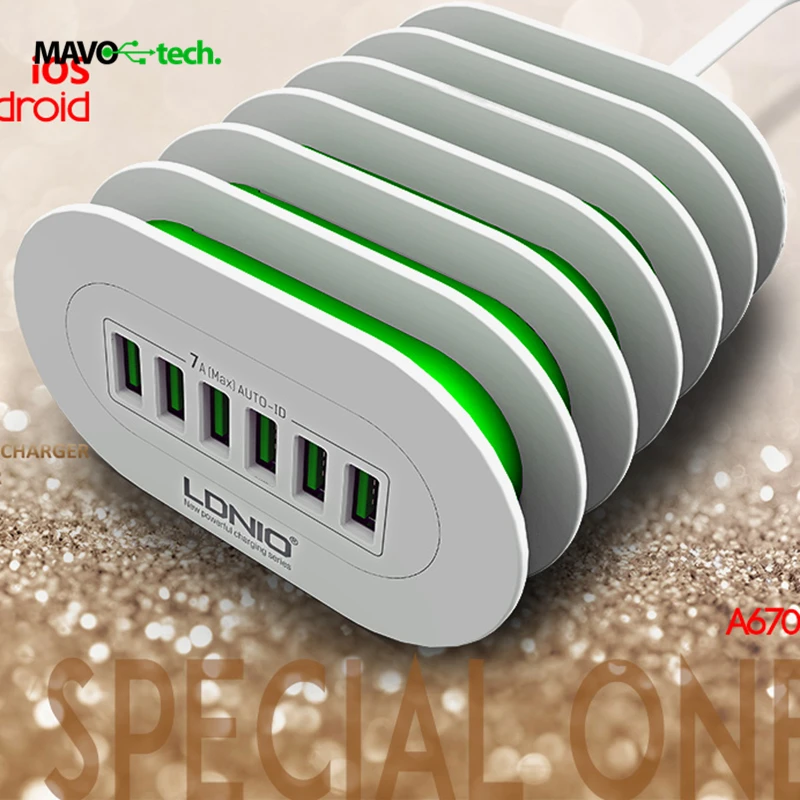 LDNIO 6 USB Multi Ports Charging Station Smart Adaptive 7A Desktop Fast Charger for iphone 7