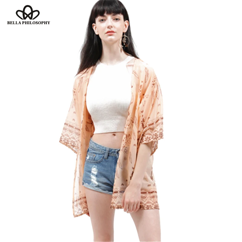 

Bella Philosophy 2016 summer beach ethnic dream catcher feather print kimono shirt bikini cover up real photo