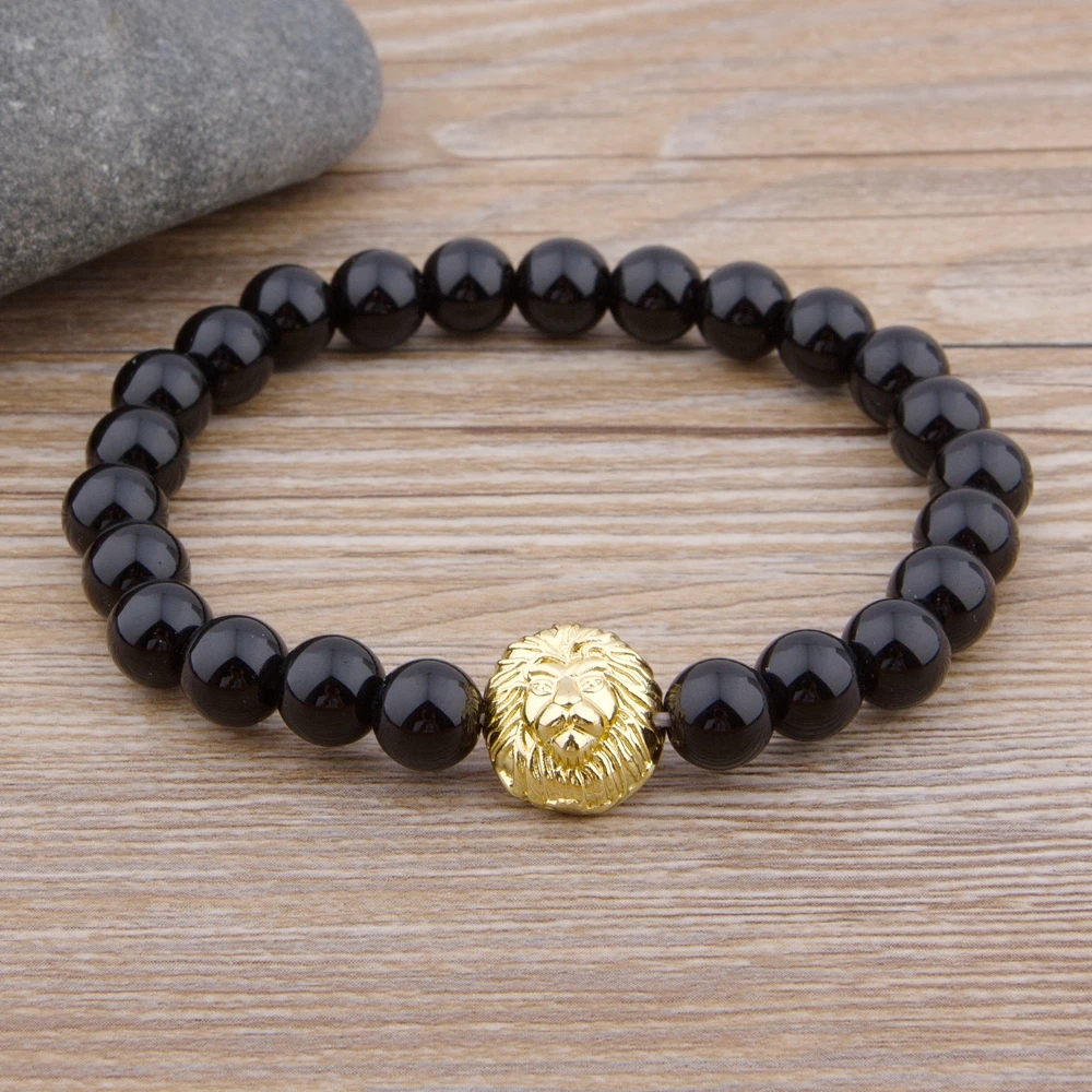 XQNI натуральный браслет Lave черный цвет 8 мм камень лев и Корона Специальный дизайн ювелирные изделия нео-готический стиль бусины браслет для мужчин