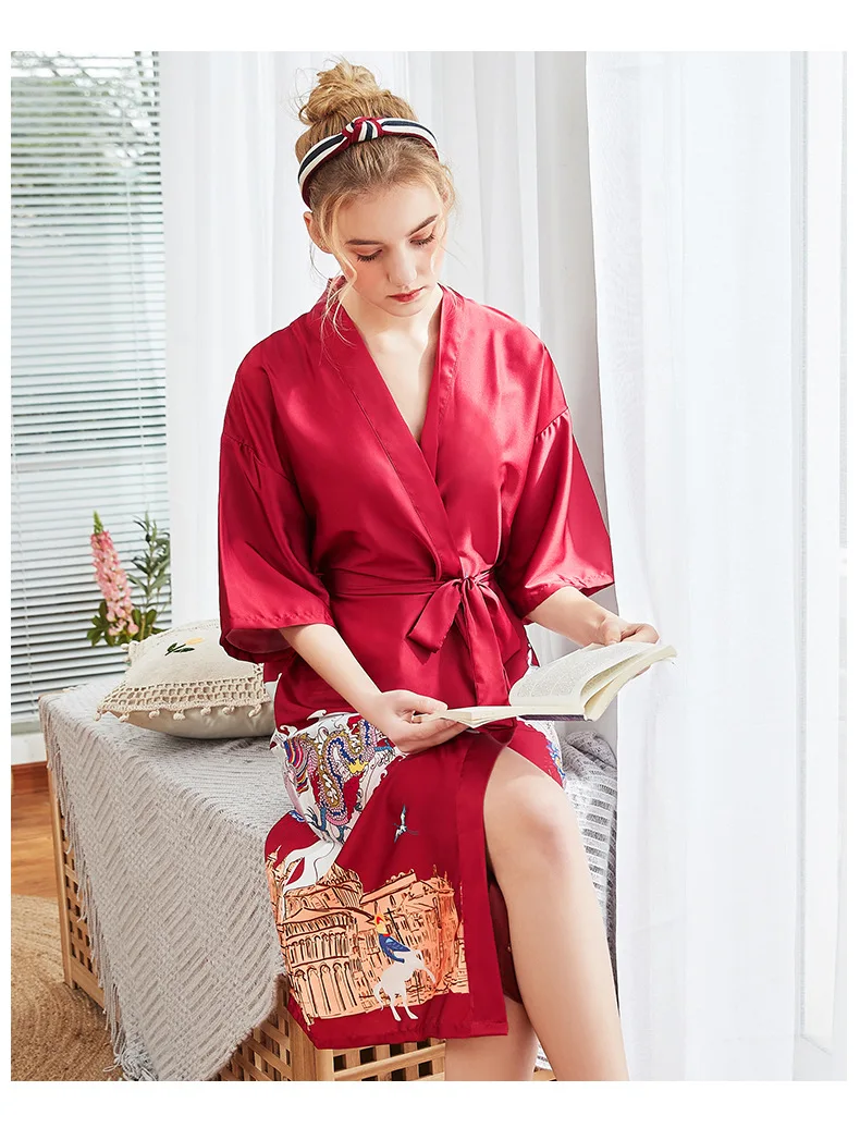 New Simulation Silk Pajamas Ladies Summer Bridesmaid Red Bride Morning Gown Home Robe Woman Cloak Print Bathrobe Pink Badjas