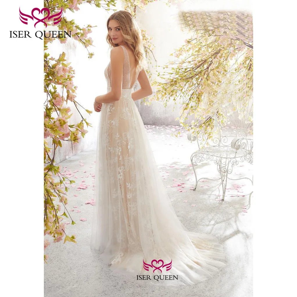 V Neckline Sleeveless Embroidered and Tulle Beach Silhouette Wedding Dress Natural Illusion Backless Свадебные платья w0503