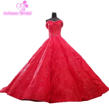 

2018 Red Satin Sweetheart Sleeveless Long Train Lace Up Waves Ball Gown Off The Shoulder Princess Wedding Dresses Real Photos