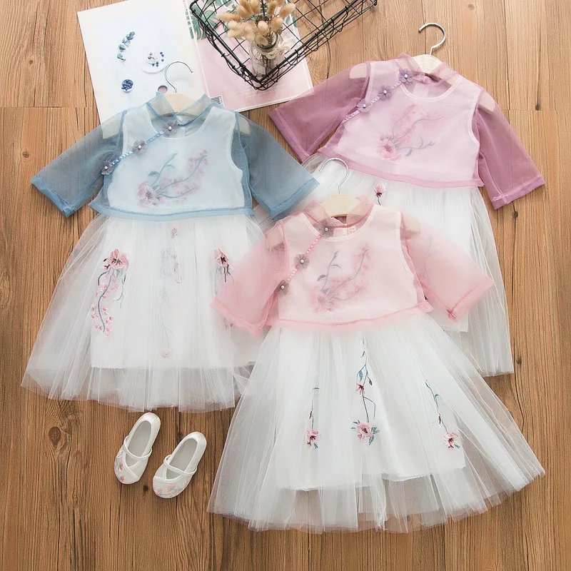 

New-arrival Kids Girls Cute Flower Printed Dress Pink Blue Acrylic Chinese Style Vintage Dresses Baby Clothes for 2-7 years