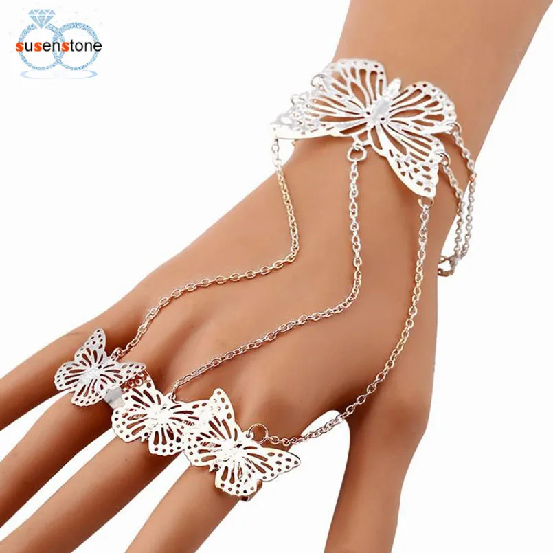 

SUSENSTONE Simple Hollow Butterfly Bangle Bracelet Finger Bracelet Chain