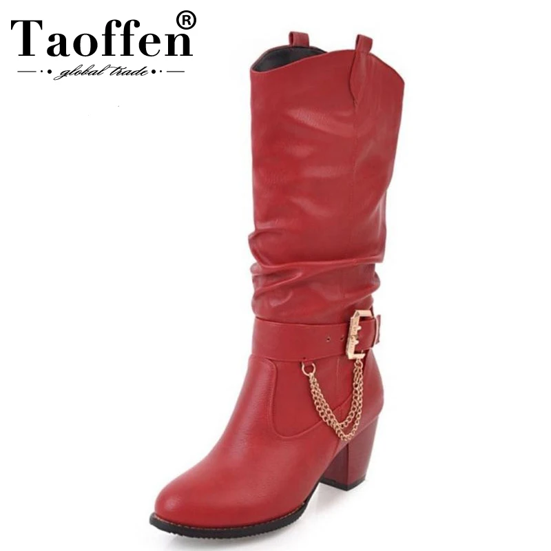 Beste TAOFFEN Grote Maten 33 47 aanpassen vrouwen Schoenen vrouw Mode hoge Hakken Vrouw Boot Zwart western Laarzen Kettingen winter