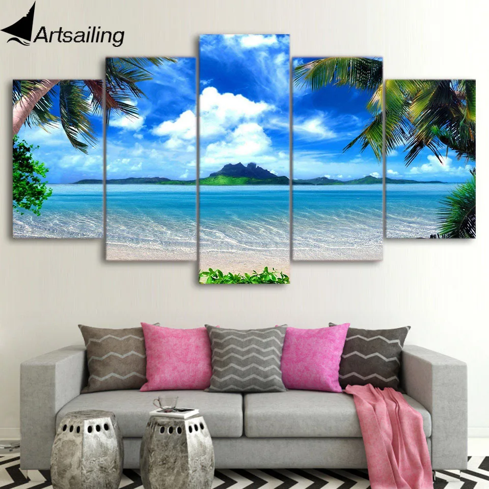 ArtSailing 5 Pieces Canvas Paintings Beach Blue Palm Trees Living Room Home Decoration Wall Art