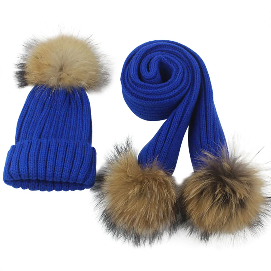 Children Knitted Scarf and Hat Set Winter Real Fur Pom For Boys Girls