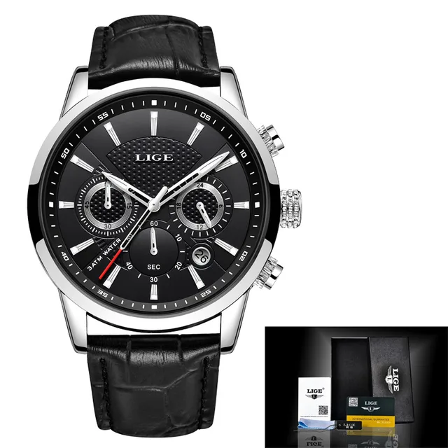 LIGE Men Watches 2022 New Fashion Leather Waterproof Luminous Top Brand Luxury Mens Quartz Wristwatch Men Relogio Masculino+box Silver black L