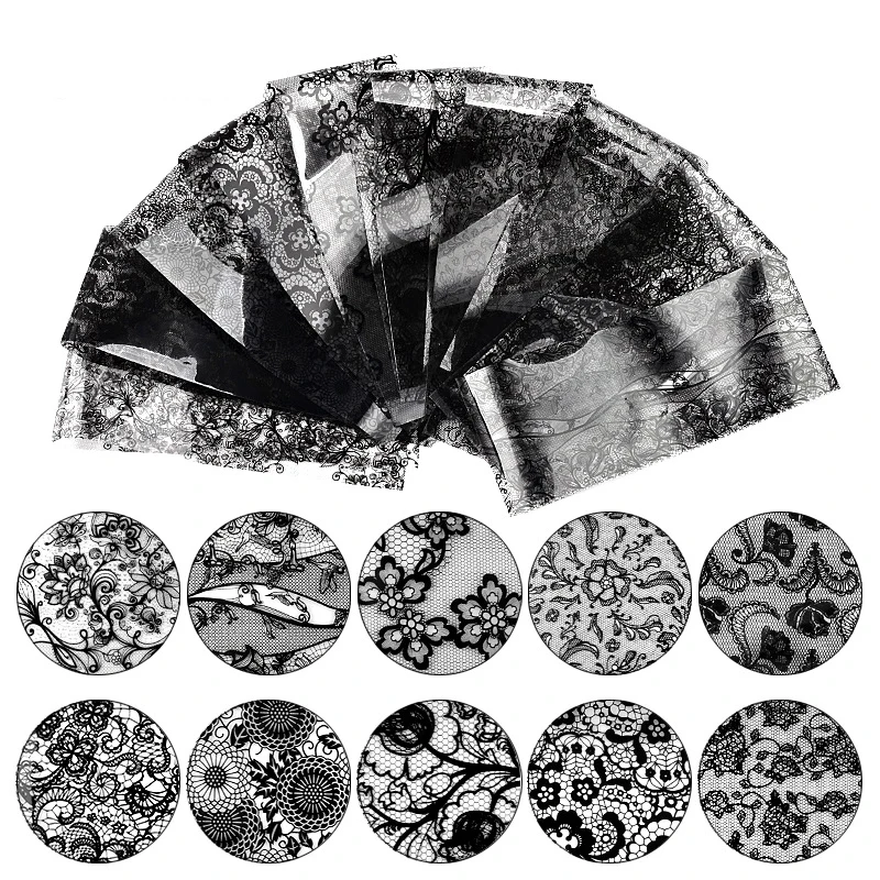 

10 Sheets/pack 3D Lace Nail Art Stickers Black Lace Flower Design Nail Art Manicure Tips Sticker Decal DIY Decoration 4*20cm