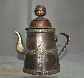 

wedding decoration 7" Tibet Buddhism bronze copper Tibetan vessel Wine Tea Pot Flagon Tanks Crock