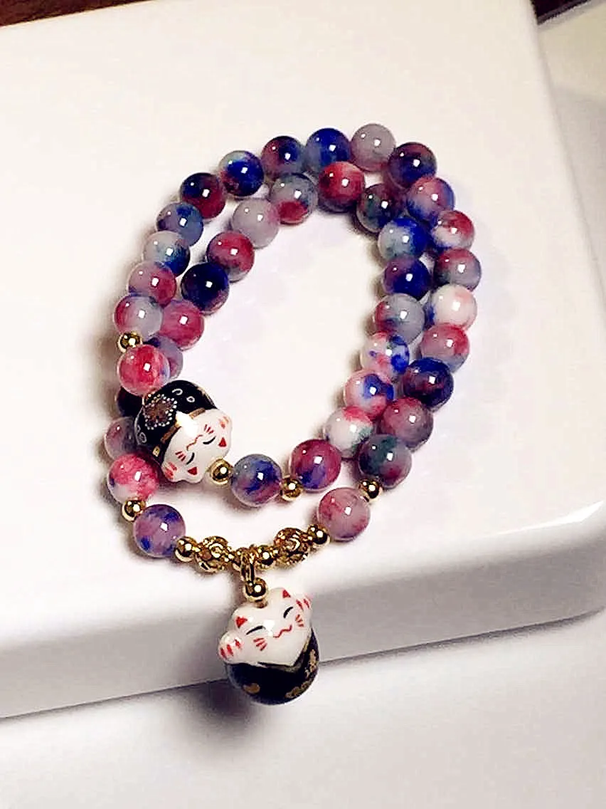 Счастливый Кот кристалл натуральный камень браслет Многослойные бисерные браслеты для женщин ювелирные изделия женский подарок