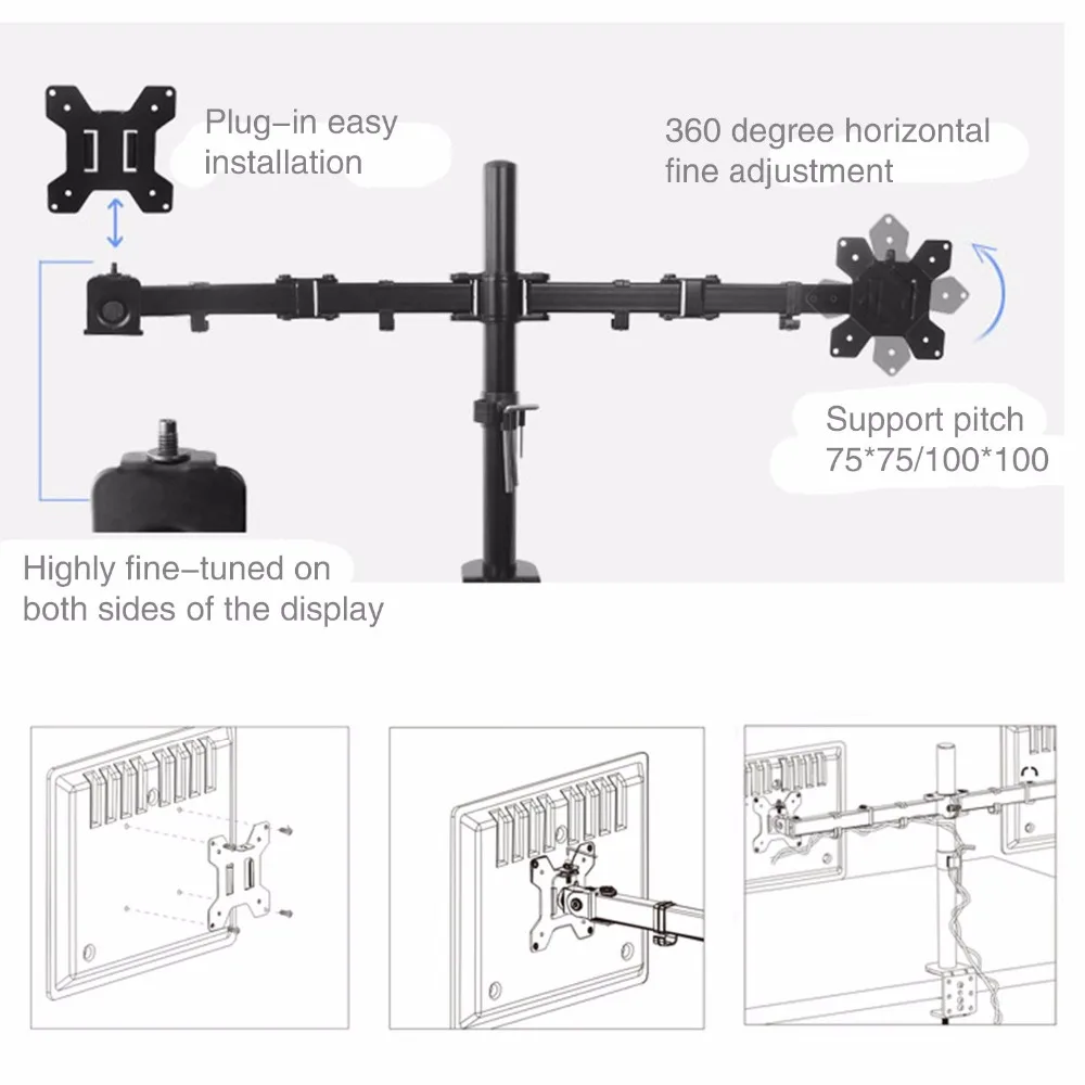 Настольный зажимной 13-27 дюймов 8 кг двойной кронштейн, монтируемый в стол для ЖК-монитора компьютера стенд экран ТВ