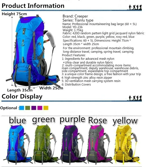 60+ 5L профессиональный водонепроницаемый рюкзак с внутренней рамой для альпинизма, кемпинга, туризма, альпинизма