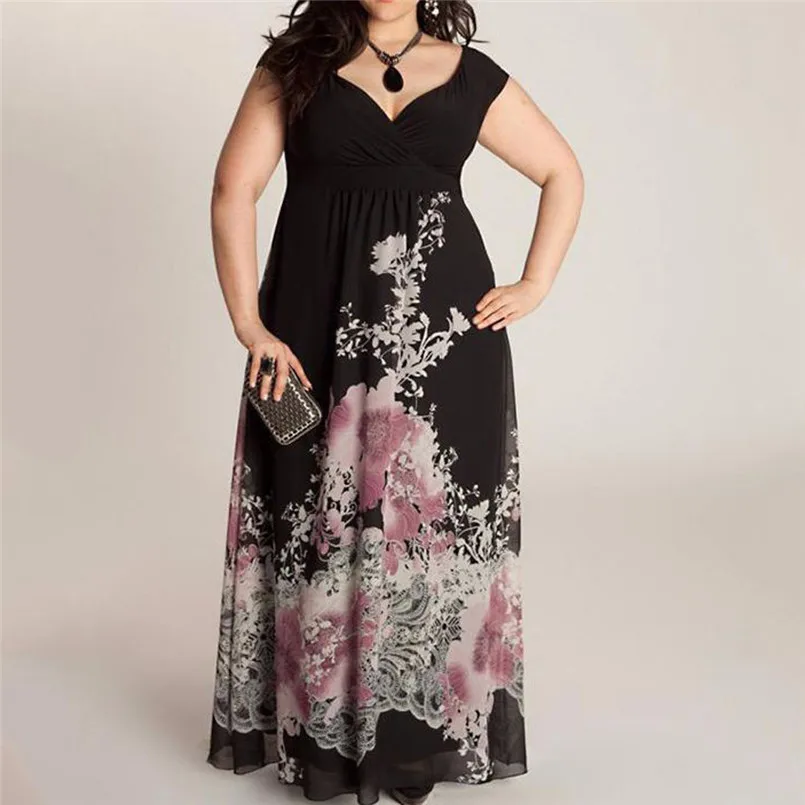

Large Size 2019 New Arrival Spring Summer Dress Women Plus Size Casual V Neck Vintage Print Dresses Elegant Office Dress 15#